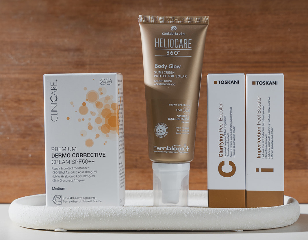 Producten van het merk ClinicCare Heliocare Toskani die huidpraktijk SkinReleaf in Oss Berghem aanbiedt